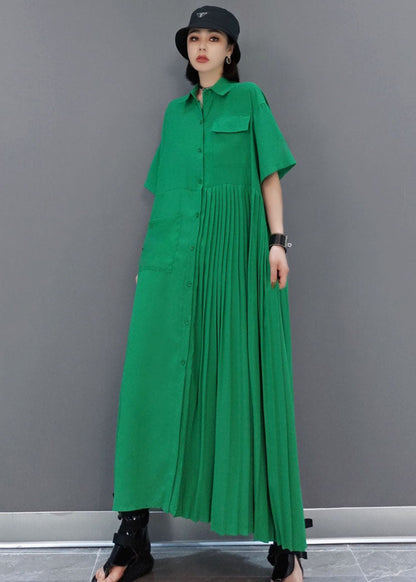 Italian Green Peter Pan Collar Patchwork Wrinkled Color Cotton Shirt Dress Short Sleeve