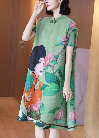 Italian Green Print Oriental Half Sleeve Party Dress Summer