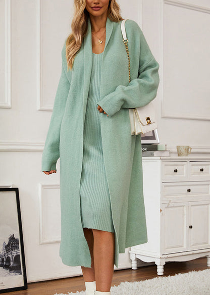 Italian Green V Neck Cashmere Knit Cardigans and Long Derss Two Pieces Set Fall
