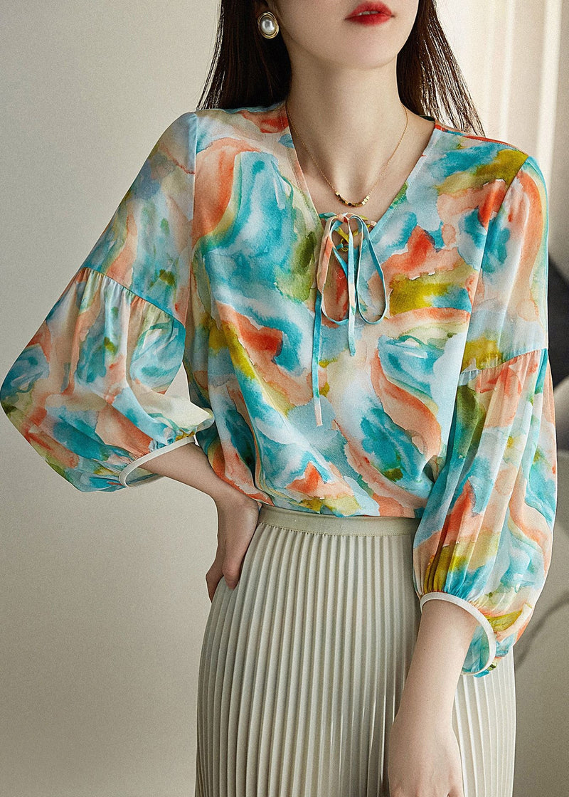Italian Green V Neck Print Neck Tie Chiffon Shirt Spring