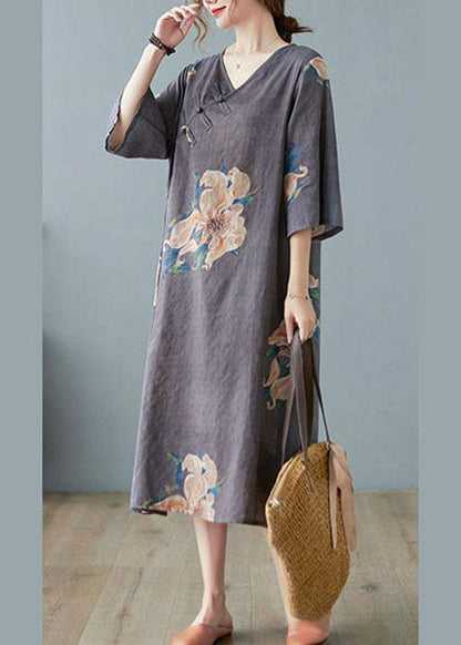 Italian Grey Asymmetrical Design Button Summer a Line Half Sleeve Vacation Dresses