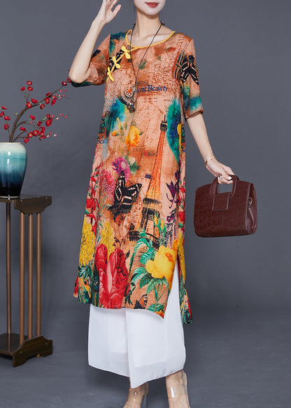 Italian Khaki Print Chinese Button Silk a Line Dress Summer