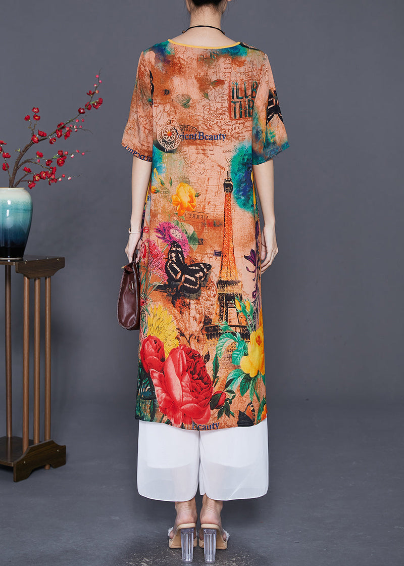 Italian Khaki Print Chinese Button Silk a Line Dress Summer