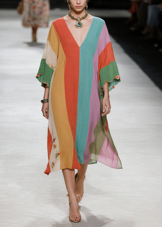 Italian Multicolored Oversized Striped Cotton Long Dress Summer