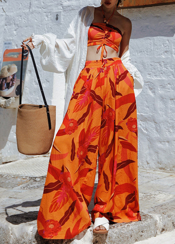 Italian Orange Print Cotton Strapless Tops and Wide Leg Pants Two Pieces Set Summer