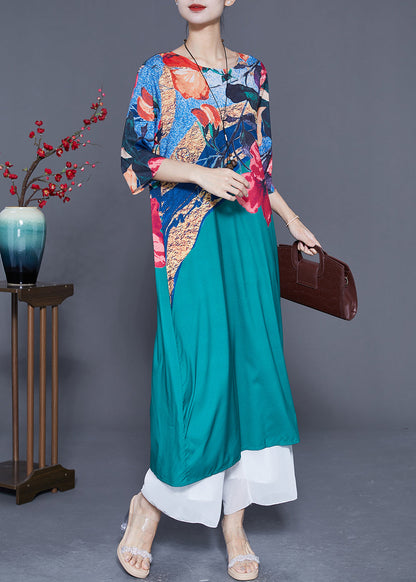 Italian Peacock Blue O-neck Print Chiffon Maxi Dresses Half Sleeve