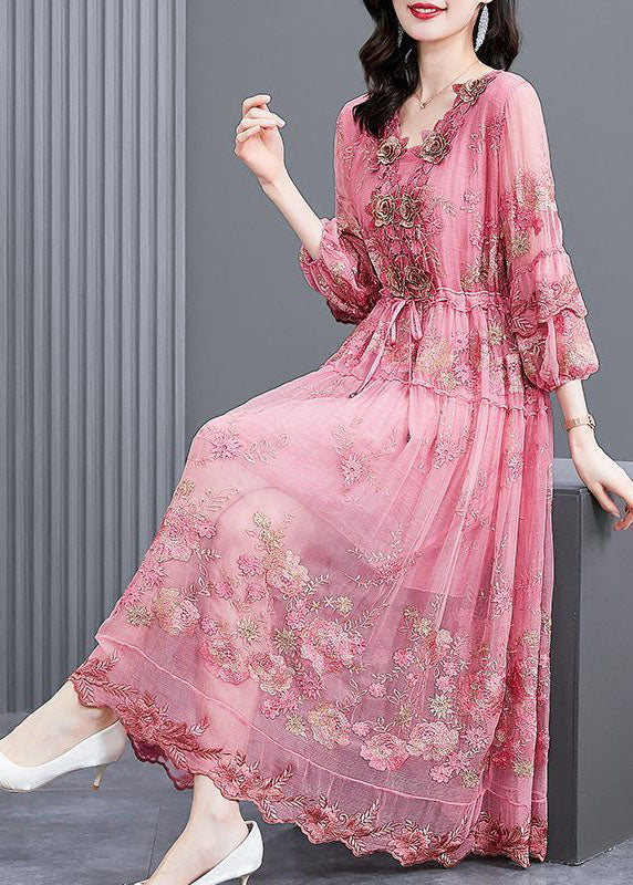 Italian Pink Embroidered Silk Cinched Dresses Bracelet Sleeve