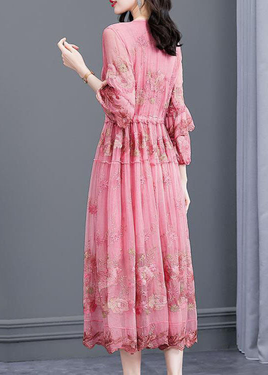 Italian Pink Embroideried Silk Cinched Dresses Bracelet Sleeve