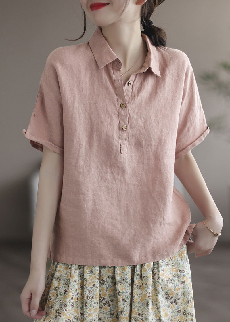 Italian Pink Peter Pan Collar Patchwork Button Linen Top Short Sleeve