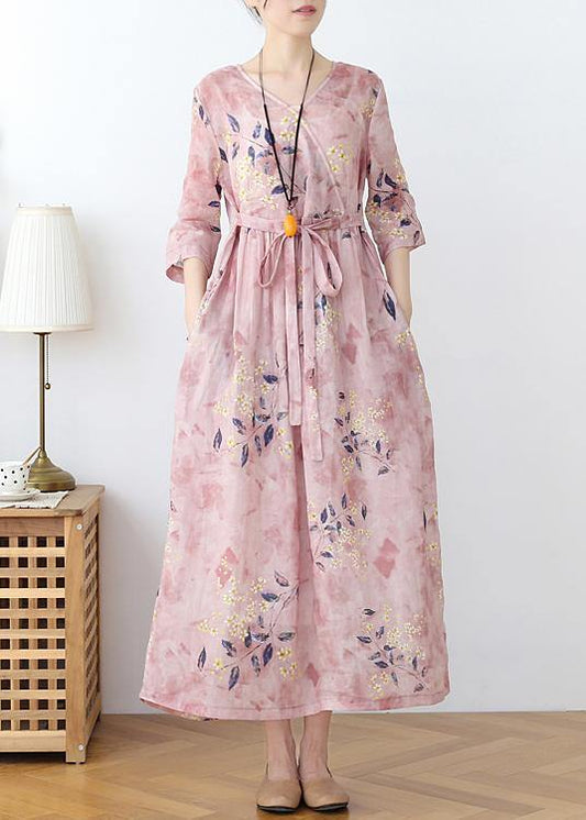 Italian Pink Print Cotton Orientaltie Waist Spring Dress