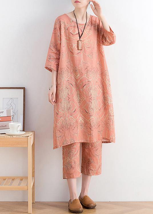 Italian Pink Print Ramie O-neck Short Sleeve Harem Two Pieces Set