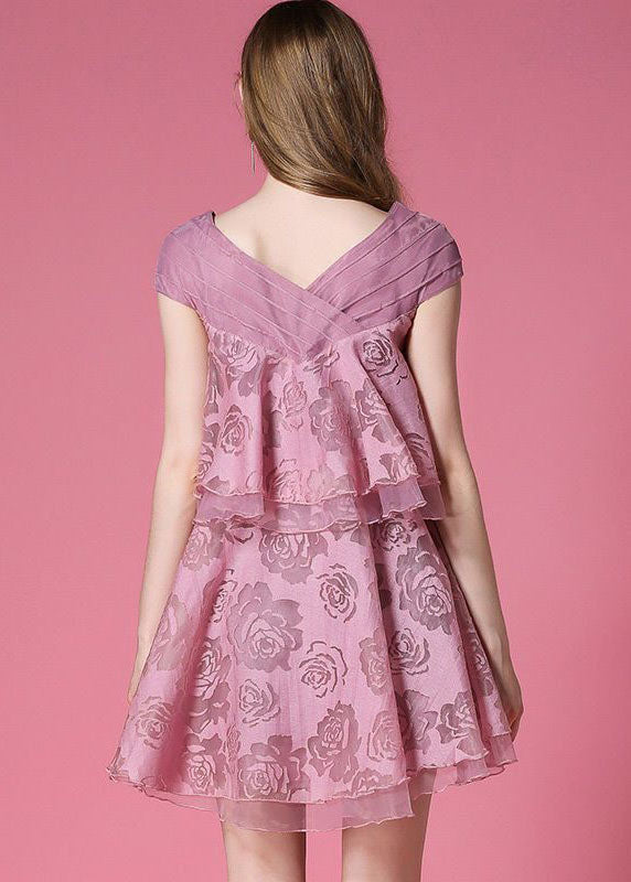 Italian Pink V Neck Organza Vacation Dress Sleeveless
