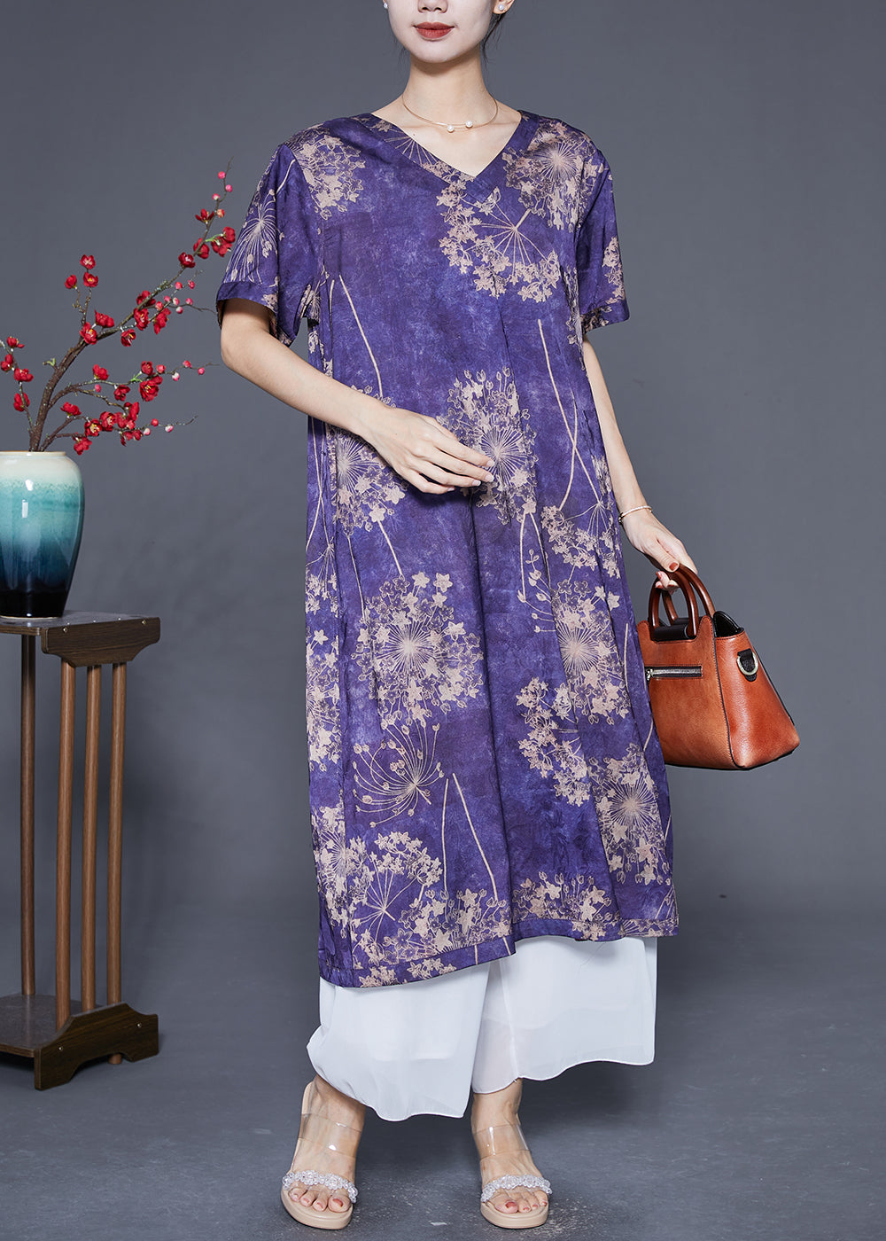 Italian Purple Print Khaki Tie Dye Wear on Both Sides Silk Vacation Dresses Summer