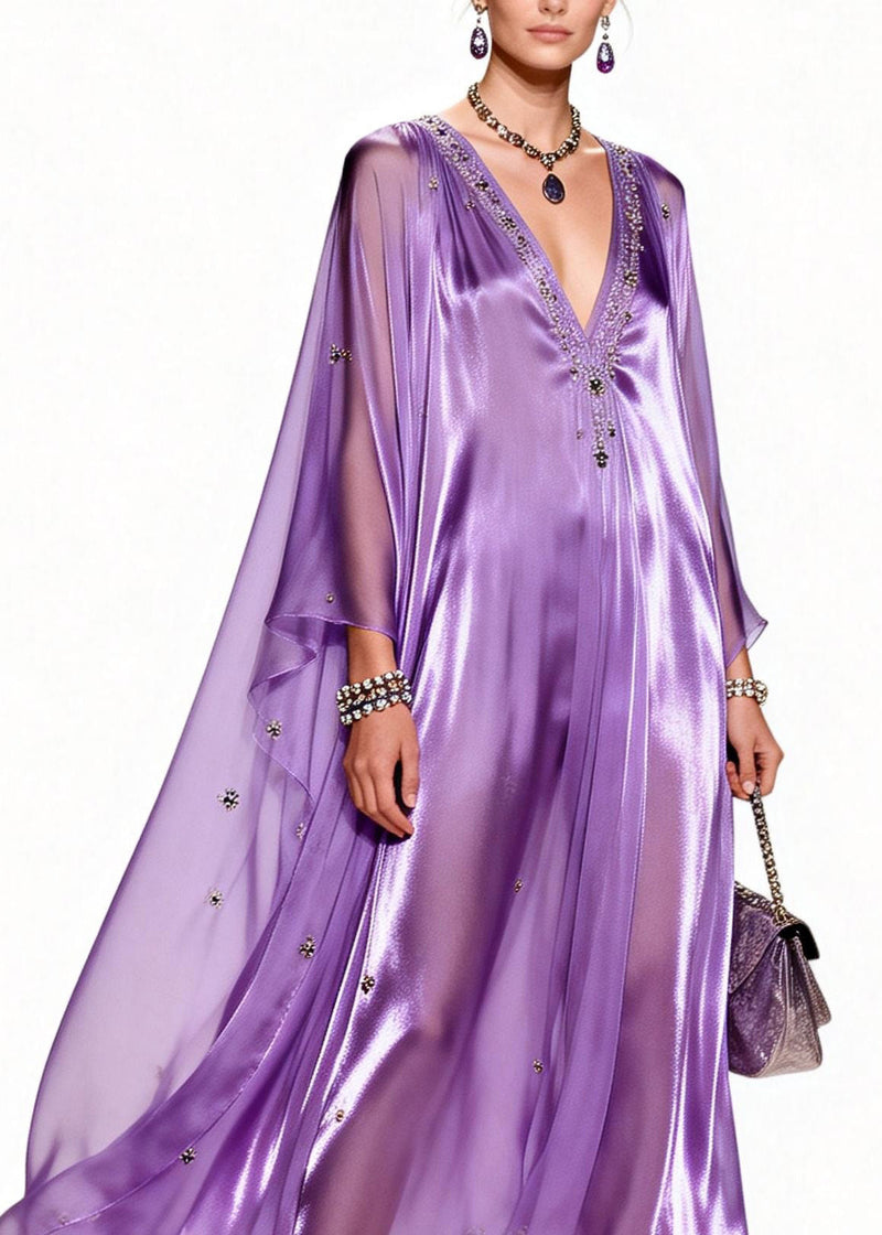 Italian Purple V Neck Zircon Patchwork Chiffon Dresses Summer