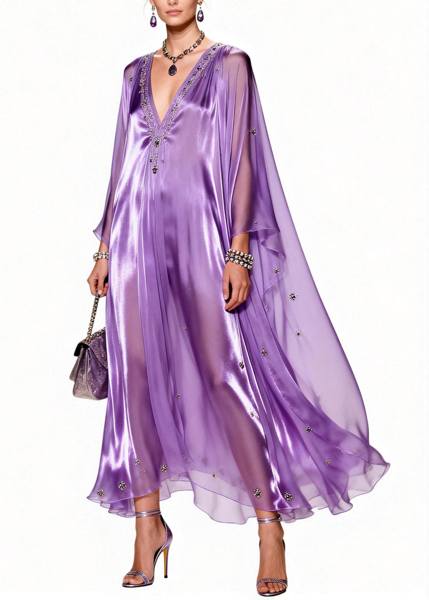Italian Purple V Neck Zircon Patchwork Chiffon Dresses Summer