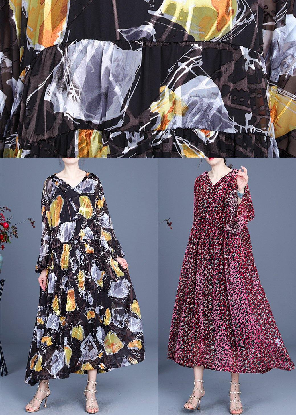 Italian Red Print Flare Sleeve Summer Silk Maxi Dresses