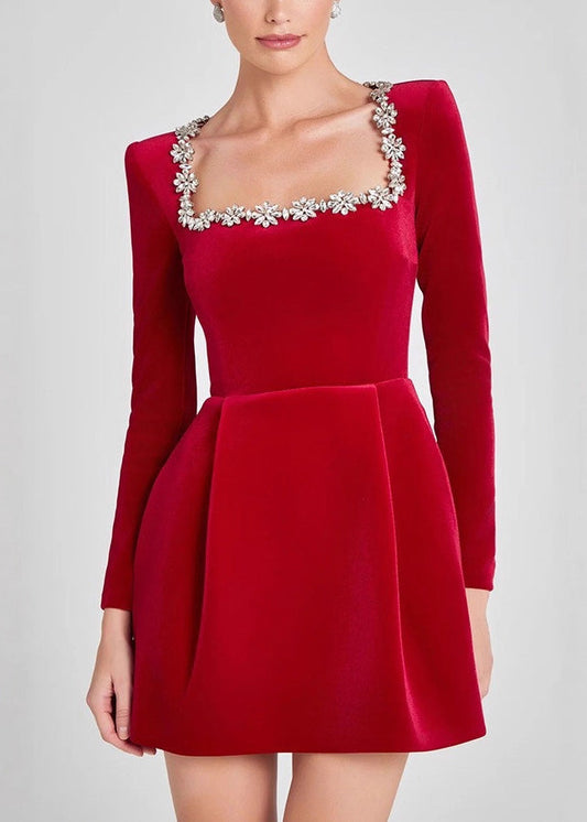 Italian Red Square Collar Zircon Velvet Mid Dress Spring