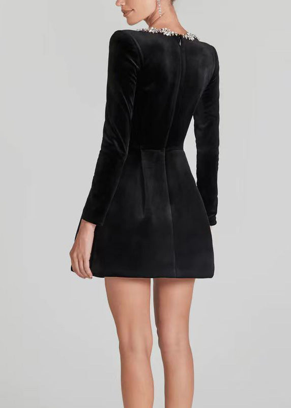 Italian Red Square Collar Zircon Velvet Mid Dress Spring