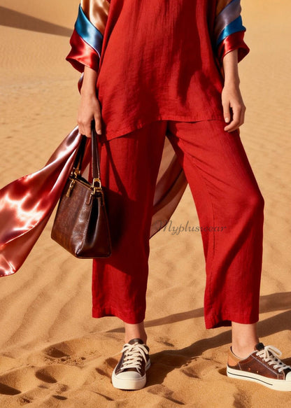 Italian Red V Neck Silk Patchwork Linen Two Piece Set Outfits Summer