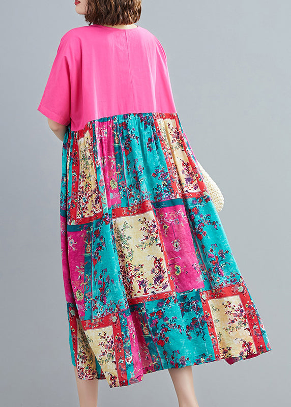 Italian Rose O-neck Patchwork Pocket Vacation Dress Short Sleeve