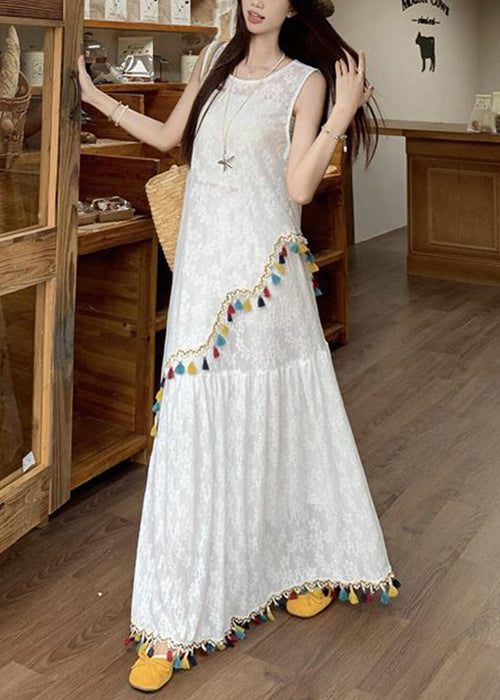Italian White Asymmetrical Tasseled Tops and Skirts Two Pieces Set Sleeveless