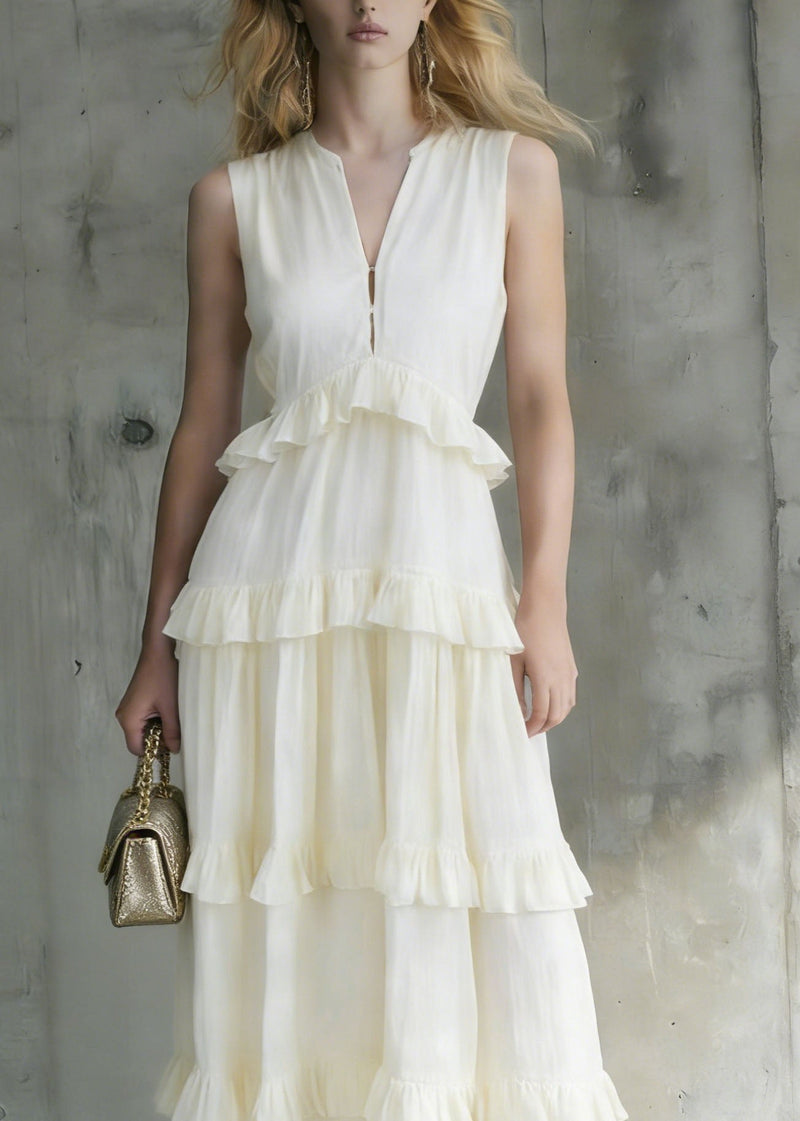 Italian White Ruffled Patchwork Cotton Long Dresses Summer