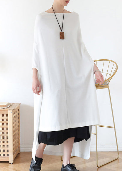 Italian White Slash Neck Asymmetrical Cotton Long Dress Batwing Sleeve