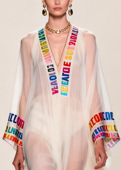 Italian White V Neck Letter Print Chiffon Sheer Dress Summer