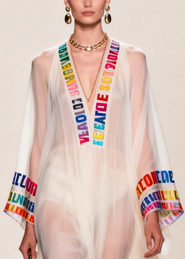 Italian White V Neck Letter Print Chiffon Sheer Dress Summer