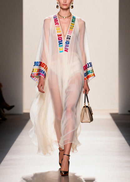 Italian White V Neck Letter Print Chiffon Sheer Dress Summer