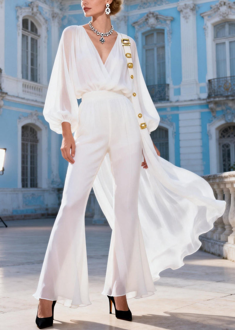 Italian White V Neck Ribbon Detachable Tops and Bell Bottom Trousers Two Pieces Set Spring