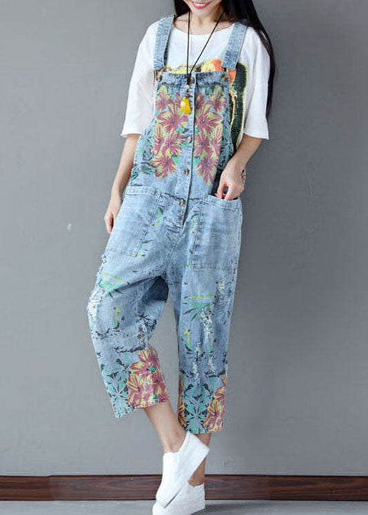 Italian Light Blue Pockets Print Ripped Jeans Jumpsuits Summer