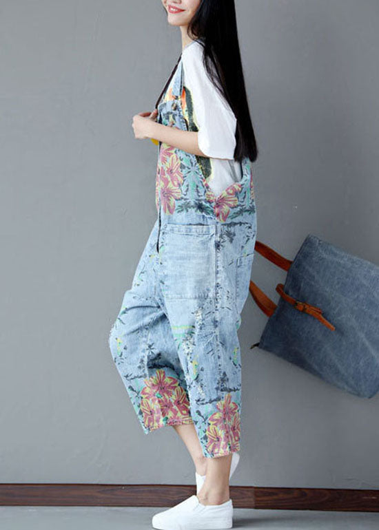 Italian Light Blue Pockets Print Ripped Jeans Jumpsuits Summer