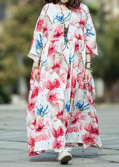 Italian O Neck Large Hem Linen Cotton Long Dress White Print Dresses Summer