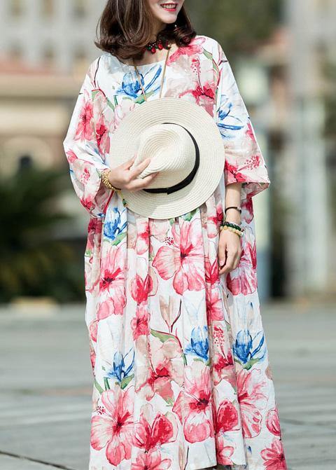Italian O Neck Large Hem Linen Cotton Long Dress White Print Dresses Summer