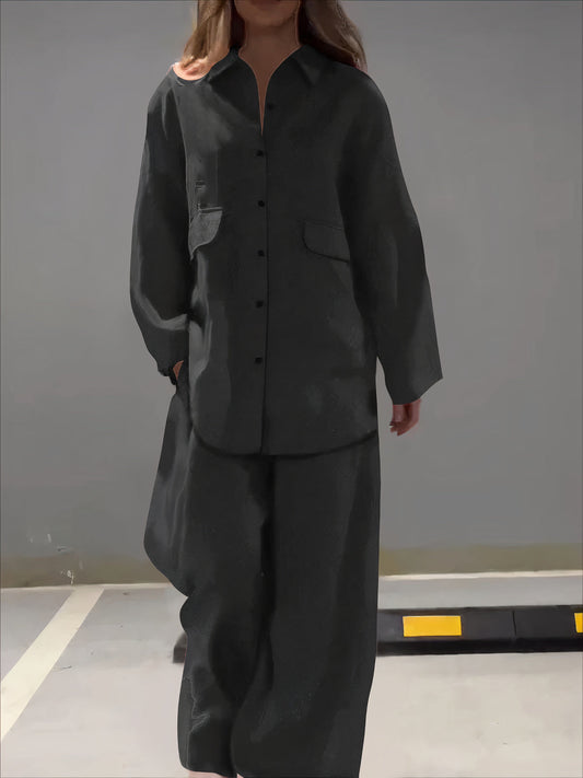 CD | Buton Casual pentru femei cu mânecă lungă Polo Bluză cu buzunare și pantaloni Set