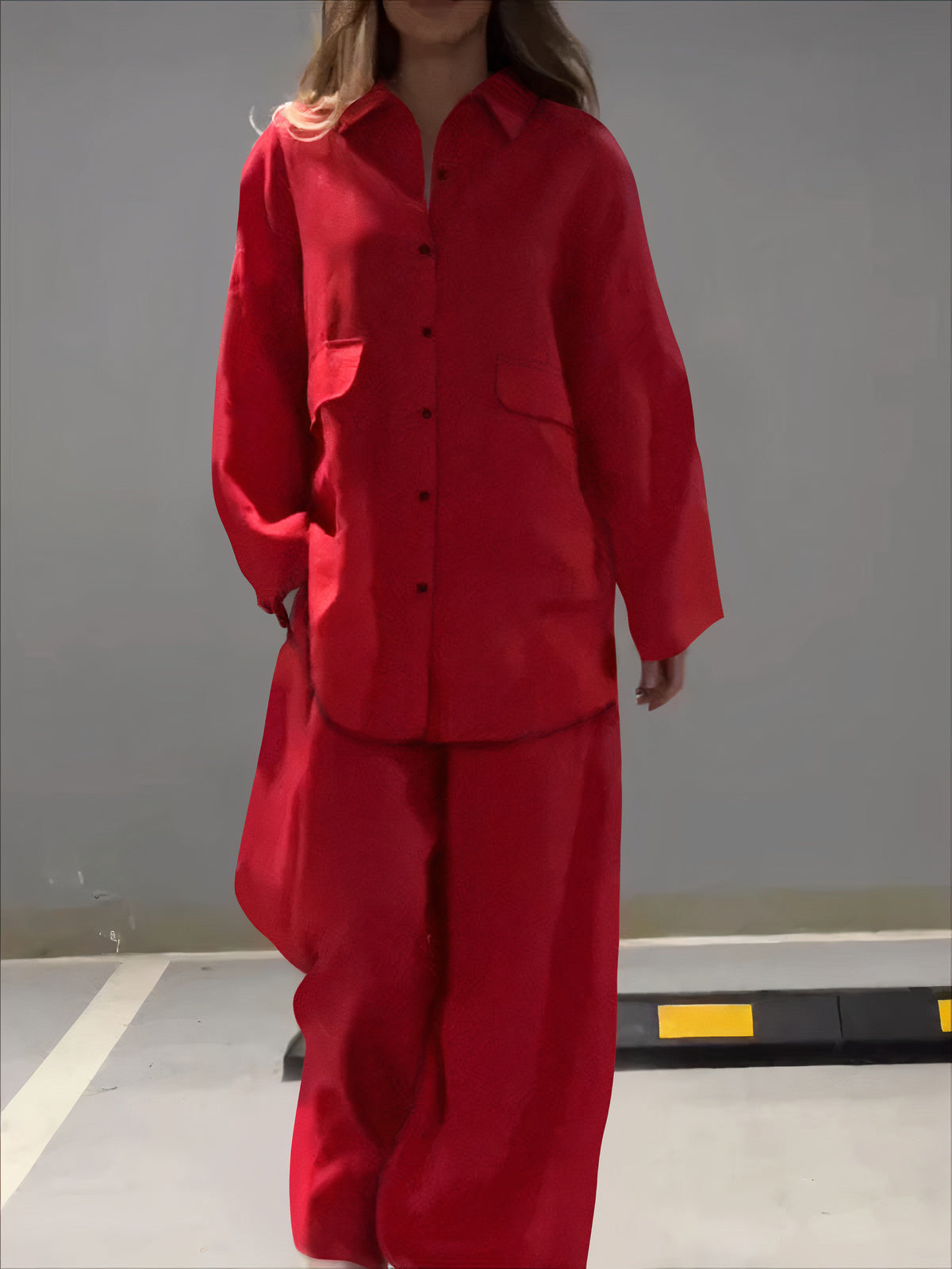CD | Buton Casual pentru femei cu mânecă lungă Polo Bluză cu buzunare și pantaloni Set