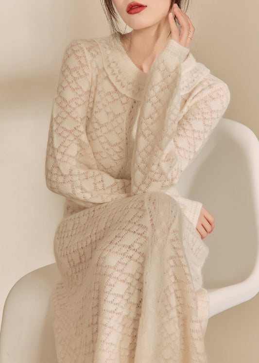 Jacquard Beige O-neck Flattering Knitted Cotton Thread Maxi Dresses Spring