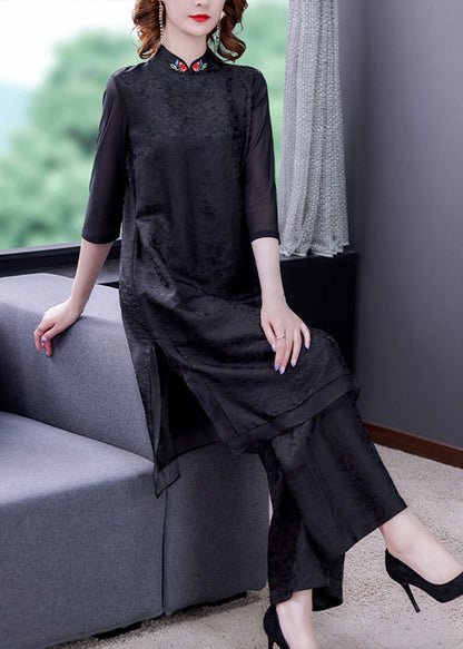Jacquard Black Embroidered Silk Top and Wide Leg Pants Two Pieces Set Summer