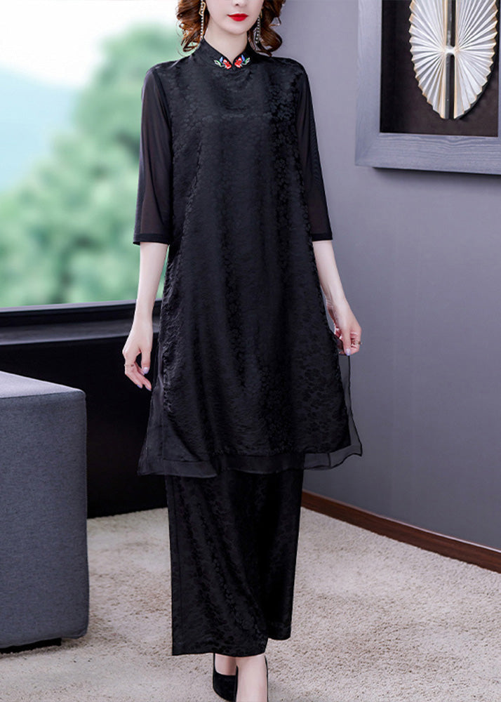 Jacquard Black Embroidered Silk Top and Wide Leg Pants Two Pieces Set Summer