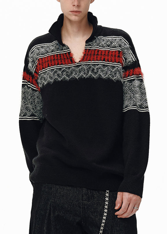 Jacquard Black Peter Pan Collar Patchwork Knit Sweater Winter