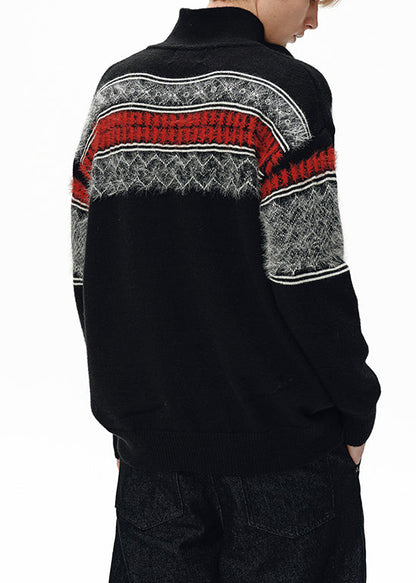 Jacquard Black Peter Pan Collar Patchwork Knit Sweater Winter