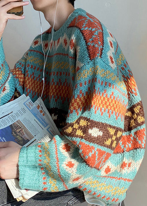 Jacquard Blue O Neck Cozy Knit Sweaters Fall
