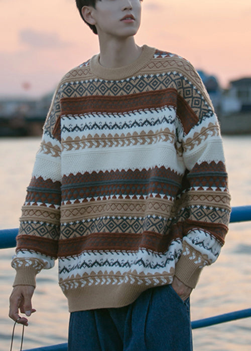 Jacquard Brown O Neck Cozy Knit Sweaters Fall