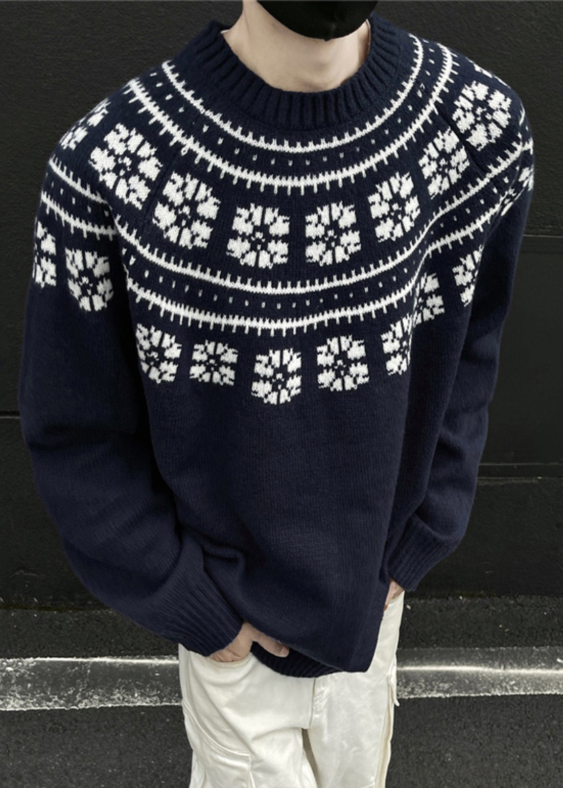 Jacquard Navy O-neck Cozy Knit Sweater Spring