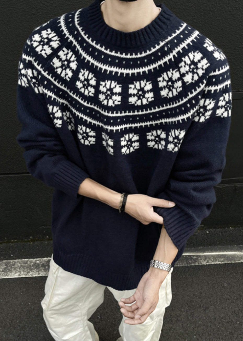 Jacquard Navy O-neck Cozy Knit Sweater Spring