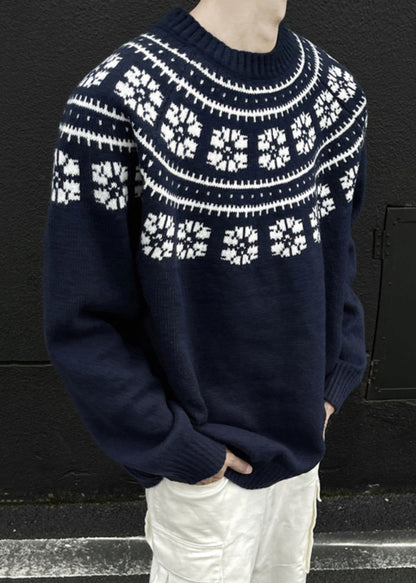 Jacquard Navy O-neck Cozy Knit Sweater Spring