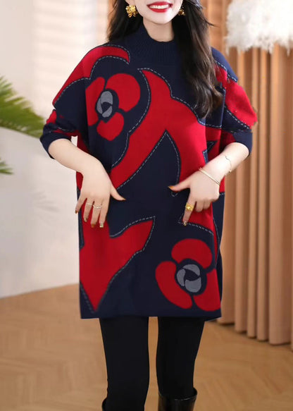 Jacquard Red Turtleneck Cozy Knit Sweaters Winter