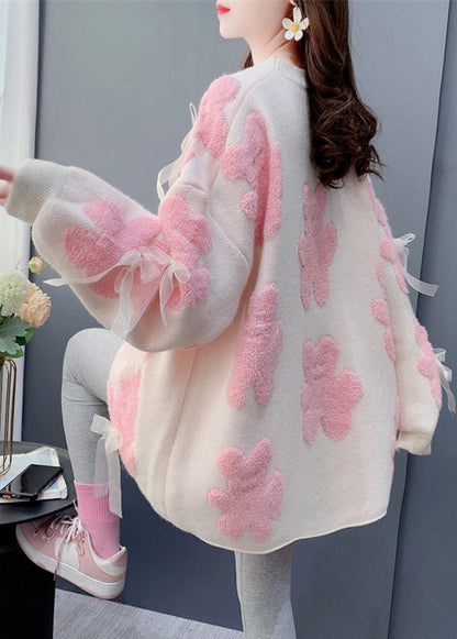 Jacquard White O-neck Bow Cozy Knit Sweater Spring