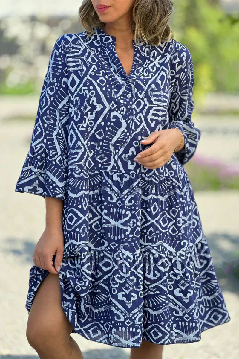 CD | Rochie casual cu imprimeu geometric și nasturi, decolteu în V, fustă tart